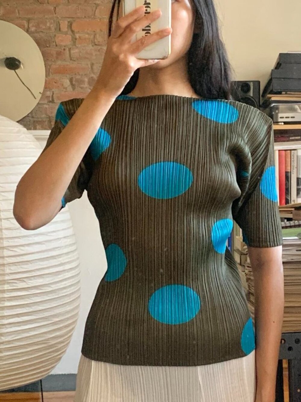 Issey Miyake Pleats Please Polka Dot Top Olive Green & Blue JP3